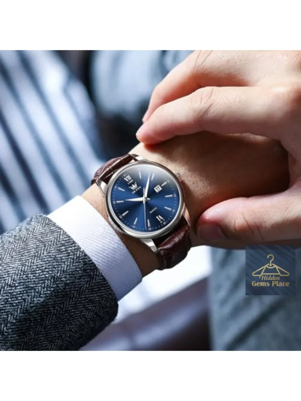 Men's Leather Strap Watch Quartz Analog 41mm Water Resistant Dress Timepiece